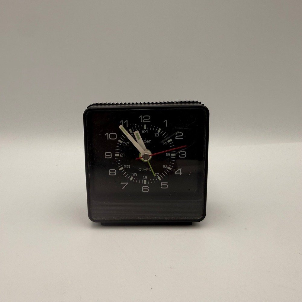 Vintage Linden Travel Alarm Clock Black Square Analog Quartz 24 Hour Dial Taiwan